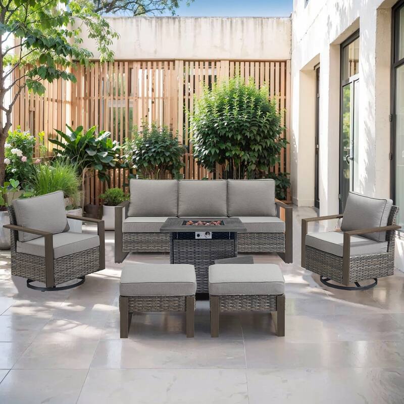 Pocassy Outdoor 30" Fire Pit Table with Sofa Swivel Chair Set - Grey Wicker Gray Cushion - 6-Piece Sofa Swivel Chair Ottoman with Fire Table