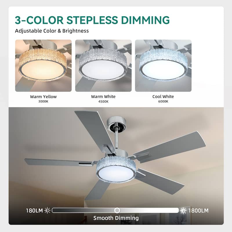 Moasis 52 Inch 5-Blade Crystal Chandelier Ceiling Fans with Lights and Remote Control - 52 Inches