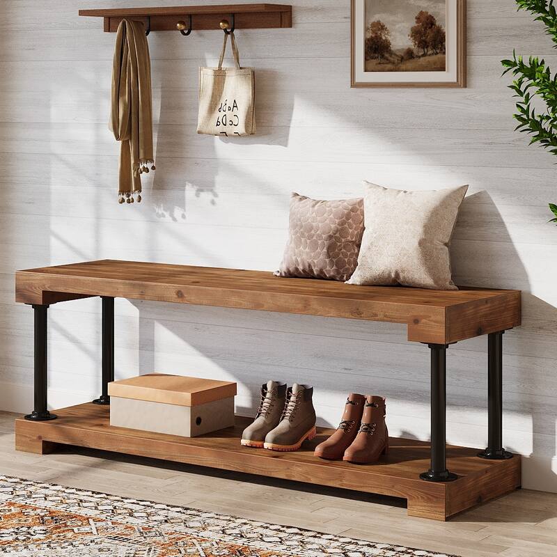 63 Inch Entryway Bench with Storage Shelves, Solid Wood Shoe Rack Bench for Indoor / Bedroom - 63.0" W x 13.8" D x 21.7" H