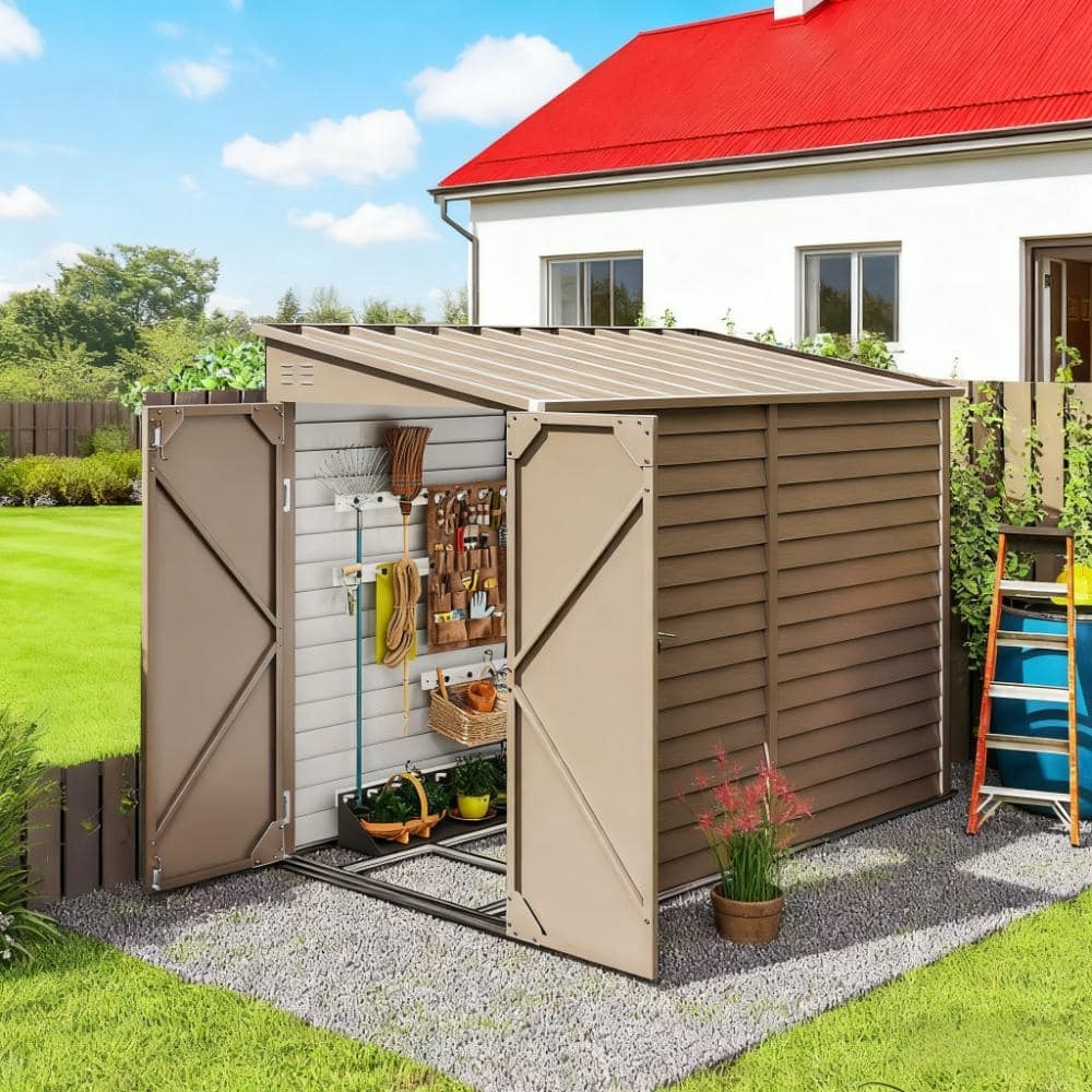 GDFStudio - Outdoor Lean-To Metal Storage Shed with Lockable Door, Foundation Kit & Ventilation for Backyard and Patio Storage