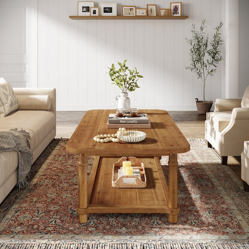 47" Rectangle Coffee Table with Storage Shlef, Solid Wood, Turned Leg