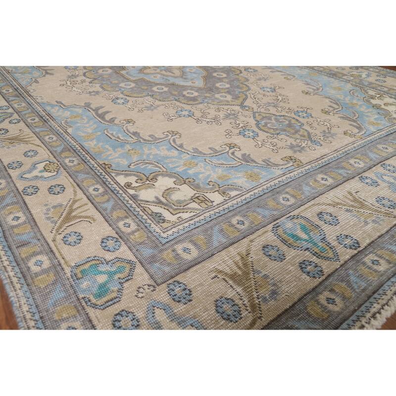 Beige Geometric Tabriz Persian Vintage Rug Hand-Knotted Wool Carpet - 6'3" x 9'1"