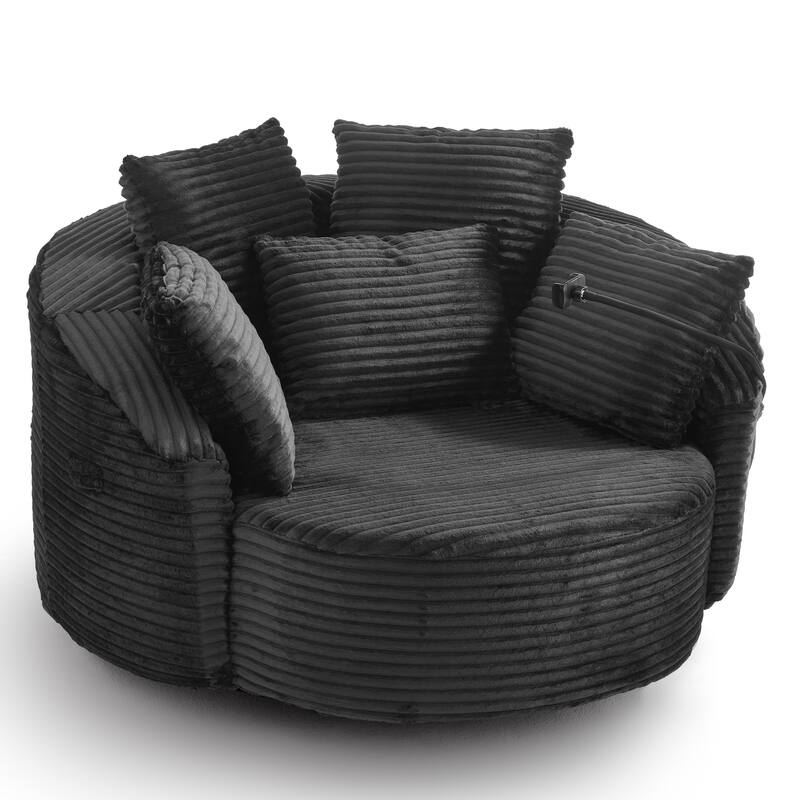 Roomfitters 360 Swivel Barrel Accent Chair with Adjustable Phone Holder and 5 Throw Pillows, Corduroy