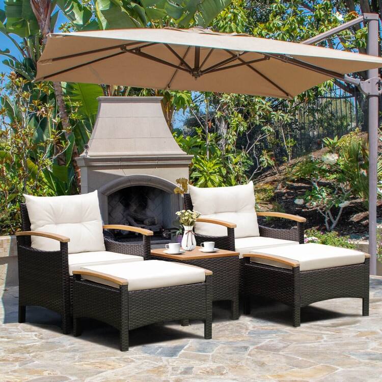 5 Pieces Patio Conversation Set with Cushions Coffee Table and 2 Ottomans - 25" x 24" x 29" - Brown/Off-White