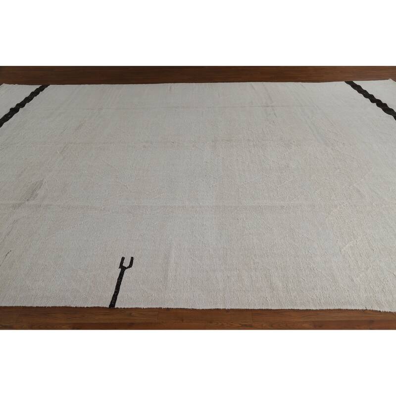 Hand Woven Oriental Cotton Carpet Modern Tribal Beige & Ivories Kilim Area Rug - 15' 1'' X 9' 8''