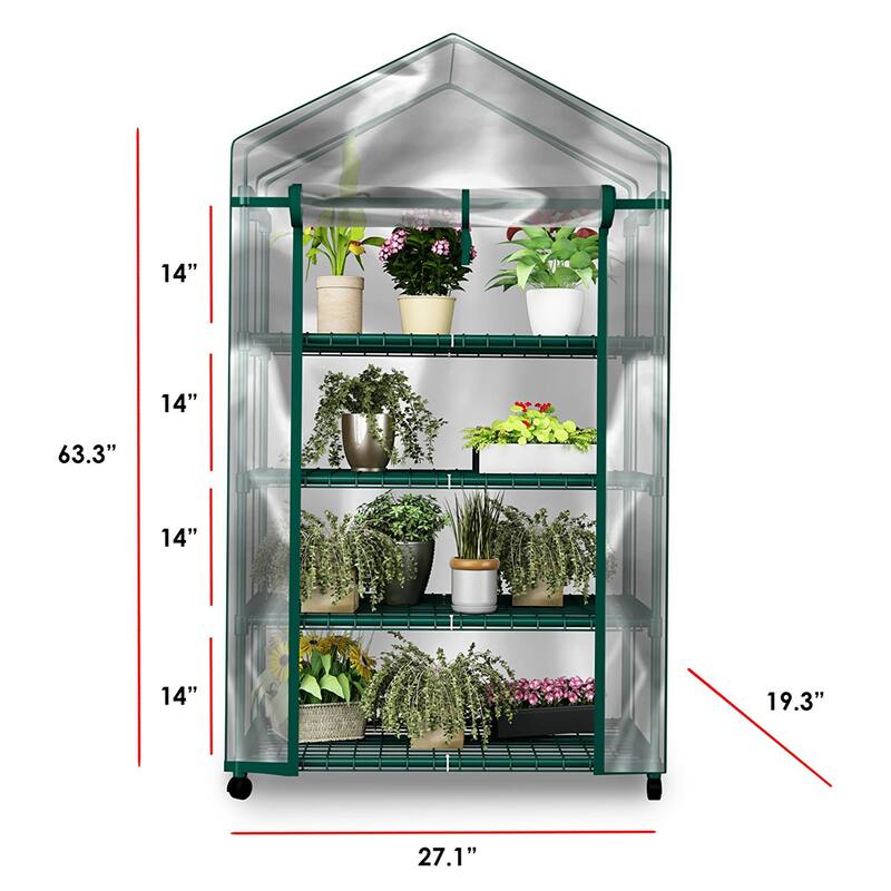 4 Tier Mini Greenhouse - Portable Greenhouse with Locking Wheels and PVC Cover for Indoor or Outdoor by Home-Complete