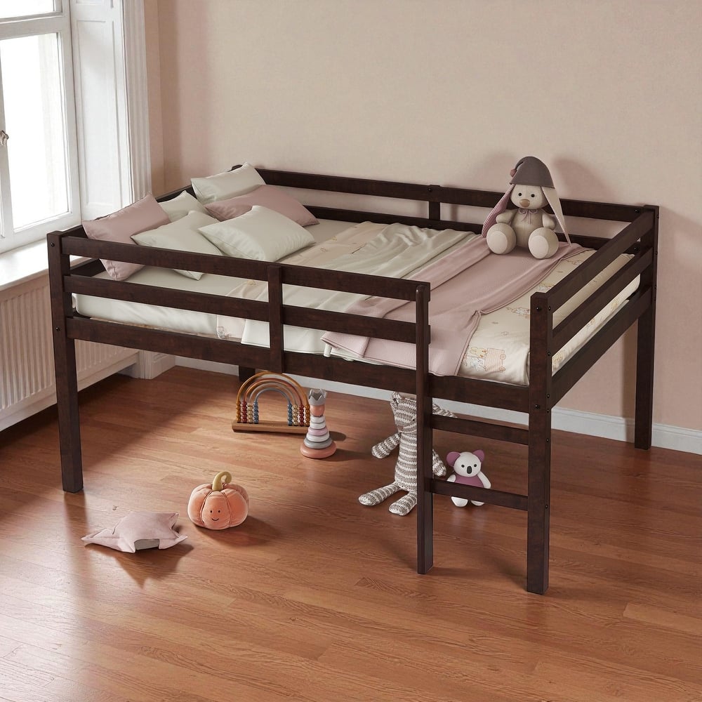 Full Size Loft Bed with Ladder, Solid Rubber Wood Frame Low Height Design with Guard Rails and Under-Bed Storage Space