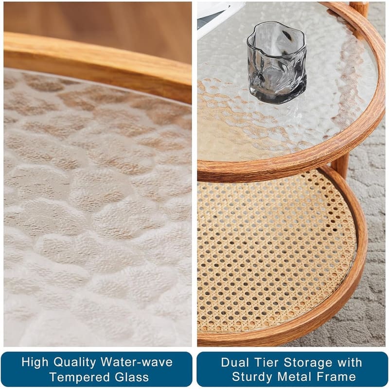 VINGLI Double-Layer Oval Ripple Glass and PE Rattan Tabletop Paired with Heat Transfer Wood Grain Iron Frame Coffee Table