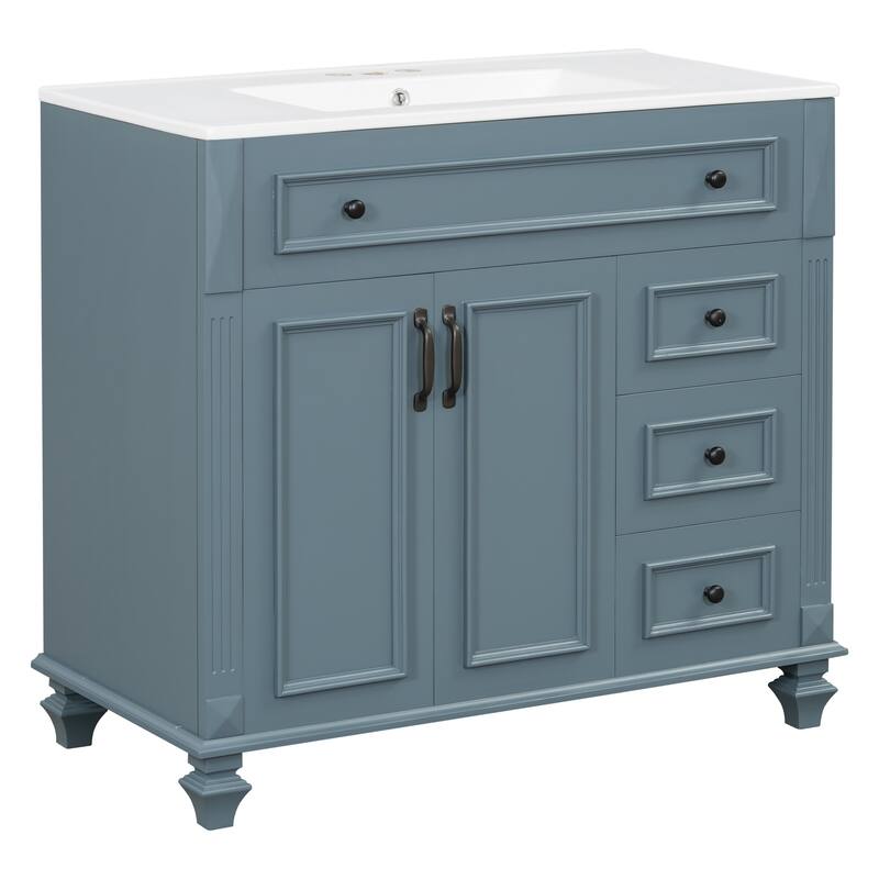 Roomfitters 36" Bathroom Vanity with Sink, Flip-Out Drawer, 3 Drawers, Soft-Close Doors, Solid Wood Cabinet