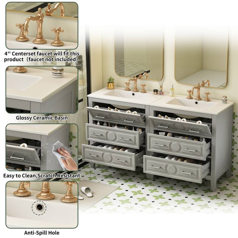 60" Bathroom Vanity Set with Ceramic Sink (Separate), Solid Wood Bathroom Storage Cabinet