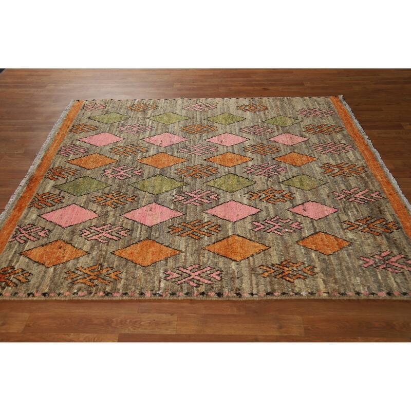 Geometric Moroccan Square Area Rug Hand-Knotted Wool Carpet - 5'9" x 6'4"