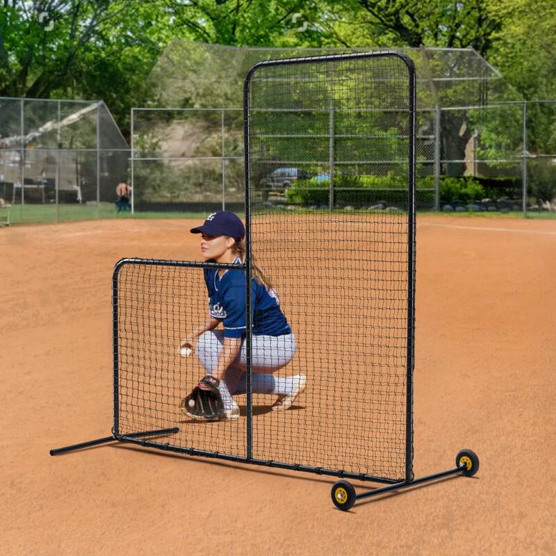 7 x 7 Feet Black Portable L Screen Softball Safety with Carry Bag and Wheel