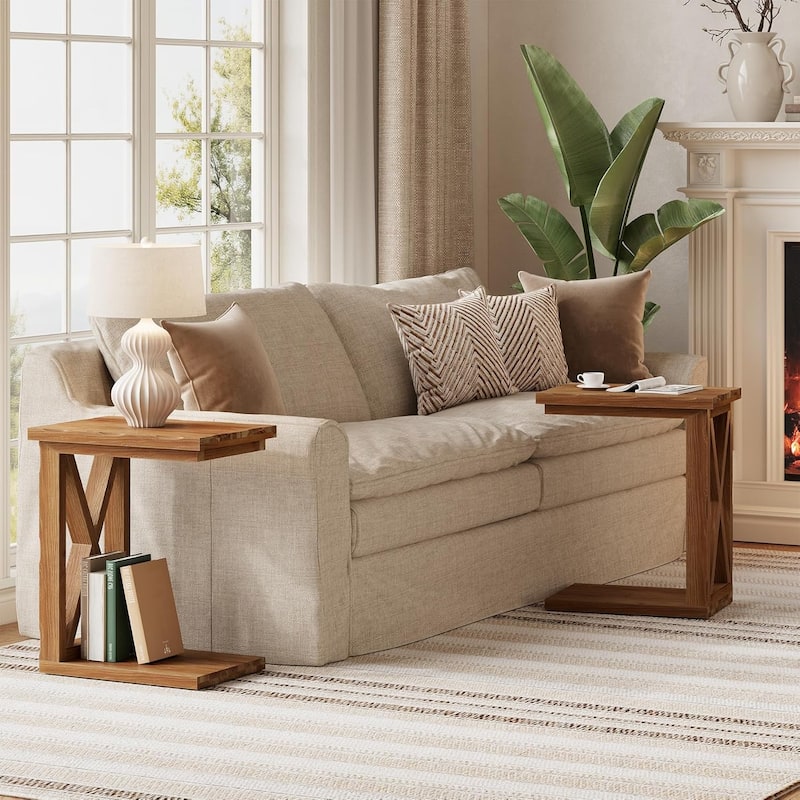 C Shaped Solid Wood Side Table, 2-Tier Open Storage End Table, Modern Accent Table & Nightstand for Living Room Bedroom