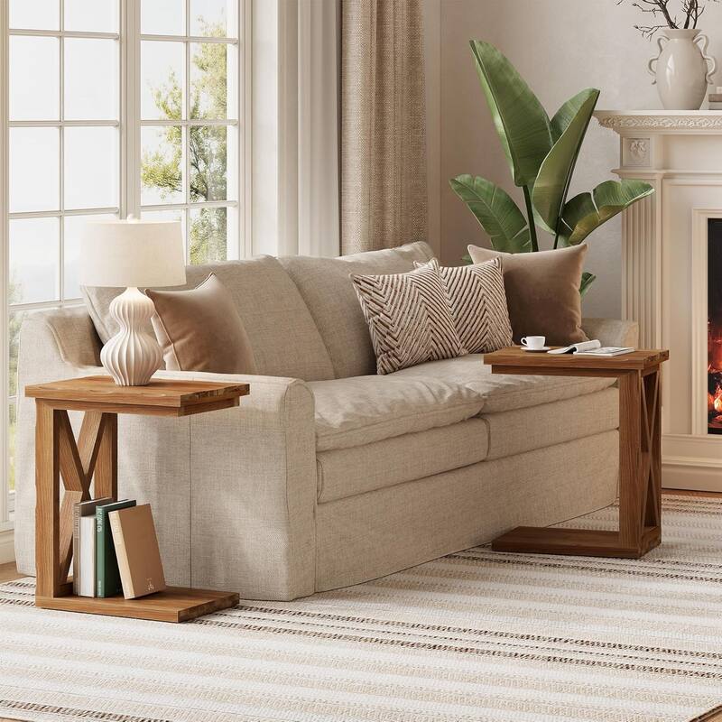 Solid Wood 2-Tier C Shaped End Table with Open Storage Shelf, Sofa Side Accent Table for Living Room & Bedroom Nightstand