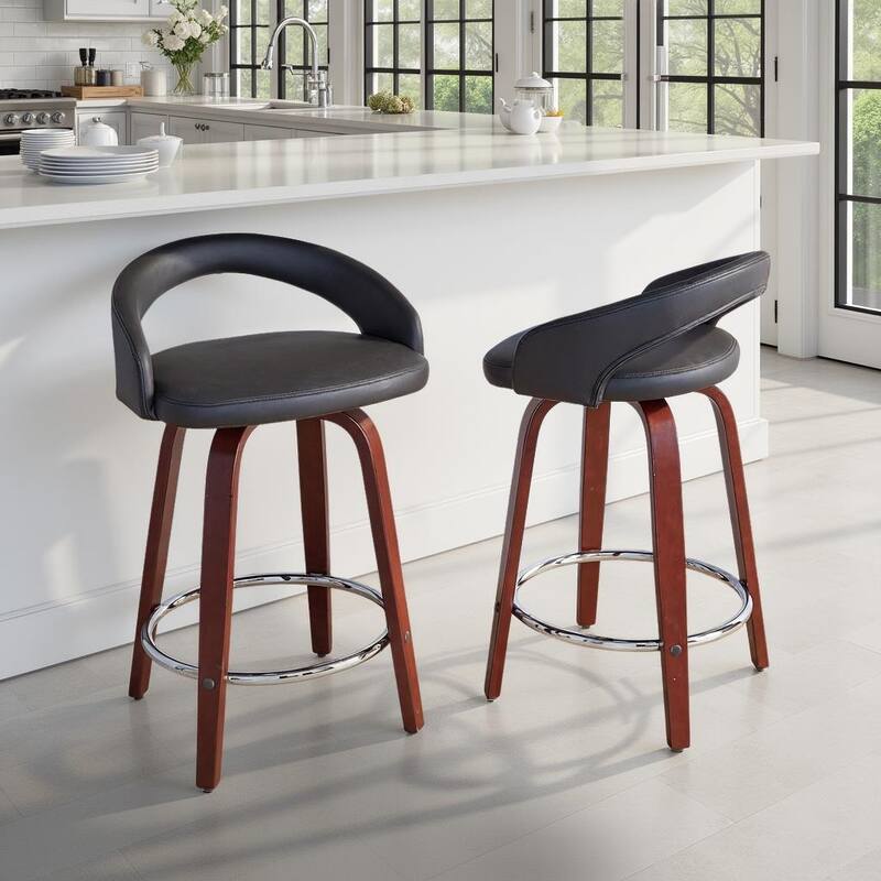 Grotto Upholstered 24" Fixed-Height Counter Stool - Set of 2 - Black Faux Leather
