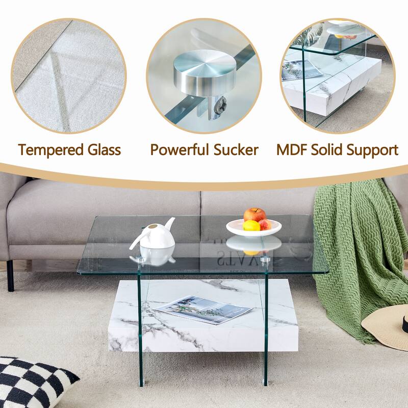 Roomfitters Square Glass Coffee Table with Walnut Finish, Two-Tier Modern Accent Table for Compact Spaces