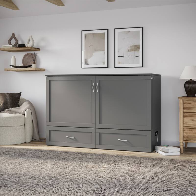 Raleigh Queen Murphy Bed Chest with 6" Mattress, Storage Drawer & Built-In Charger in Grey