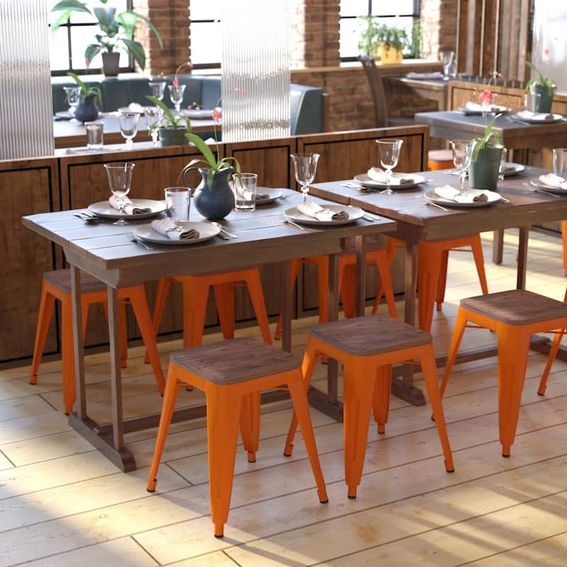 Set of 4 18" Table Height Indoor Stackable Metal Stool with Wood Seat - Orange