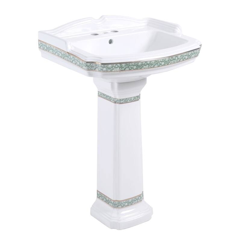 White Pedestal Bathroom Sink with Overflow, 4" Brass Center Set Faucet and Pop-Up Drain