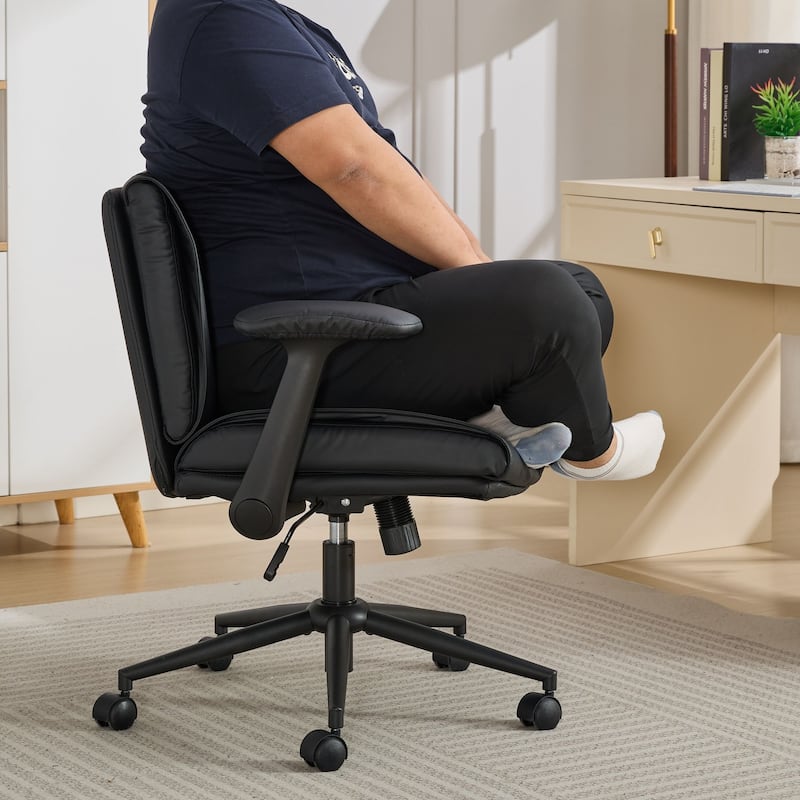 Black Leather Office Chair with Crossed Legs & Flip-Up Armrests