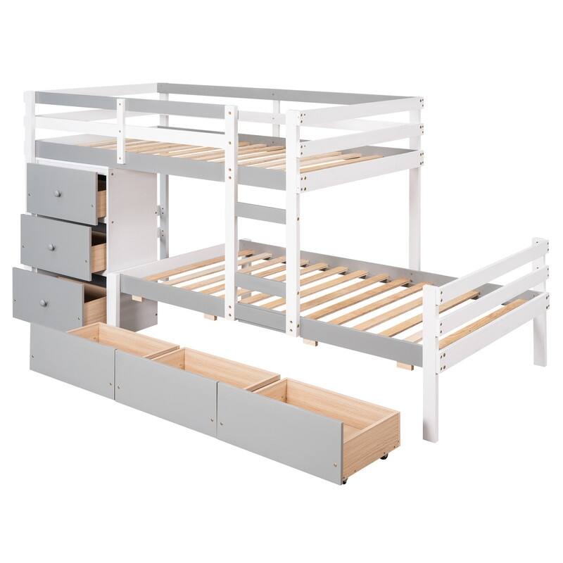 Twin over Twin Wooden Loft Bunk Bed with Drawers and Ladder