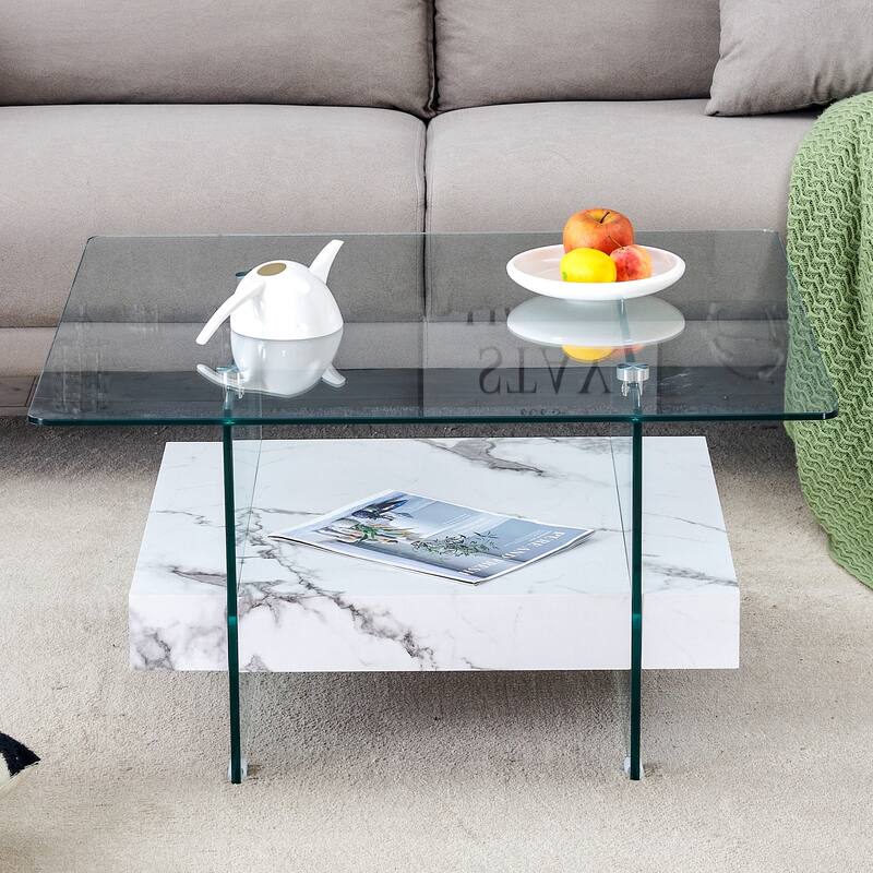 Roomfitters Square Glass Coffee Table with Walnut Finish, Two-Tier Modern Accent Table for Compact Spaces