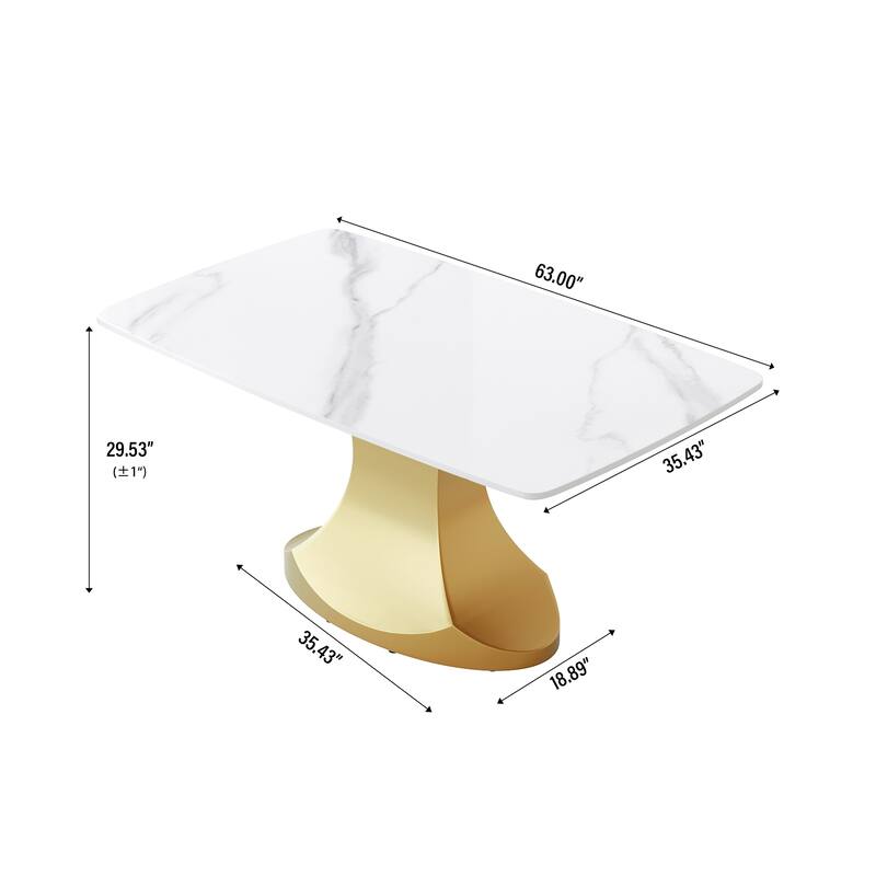 Dining Table for 6~8 Person, Faux Marble Kitchen Dining Table with Gold Pedestal.