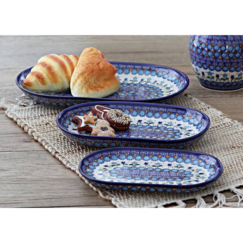 Blue Rose Polish Pottery 8600 Vena 3 Piece Oval Serving Set