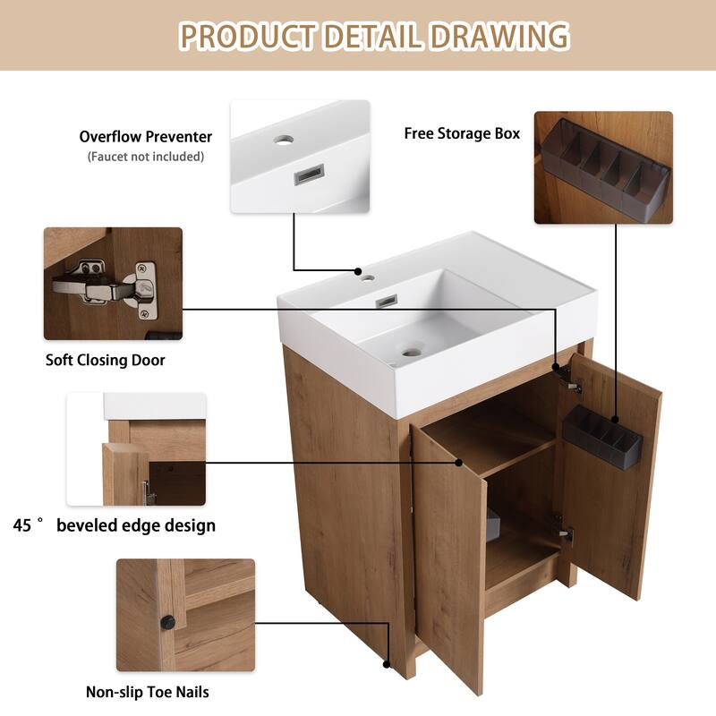 BNK 24/30/48/60 inch Freestanding Resin Sink Bathroom Vanity with Soft Close Door and Adjustable Shelf