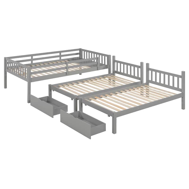 Detachable Triple Bunk Bed Convertible 3 Platform Beds, Wood Full Over Twin & Twin Bunk Bed Frame with Drawers and Guardrails