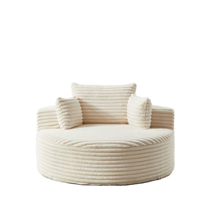 Oversized Round Chaise Lounge Corduroy Upholstered Single Sofa Chair with Cylindrical Neck Pillow and Integrated Backrest