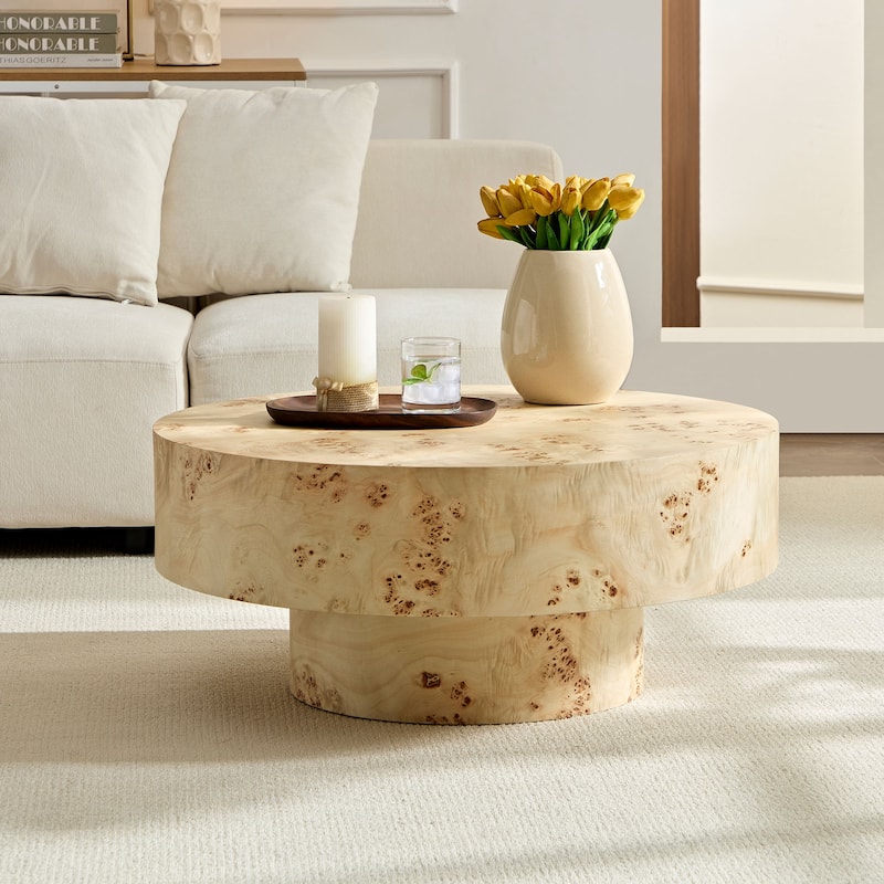 31.49" Mid-Century Modern Round Wood Coffee Table, with Burl Wood Veneer and Sturdy Pedestal, for Living Room - Natural