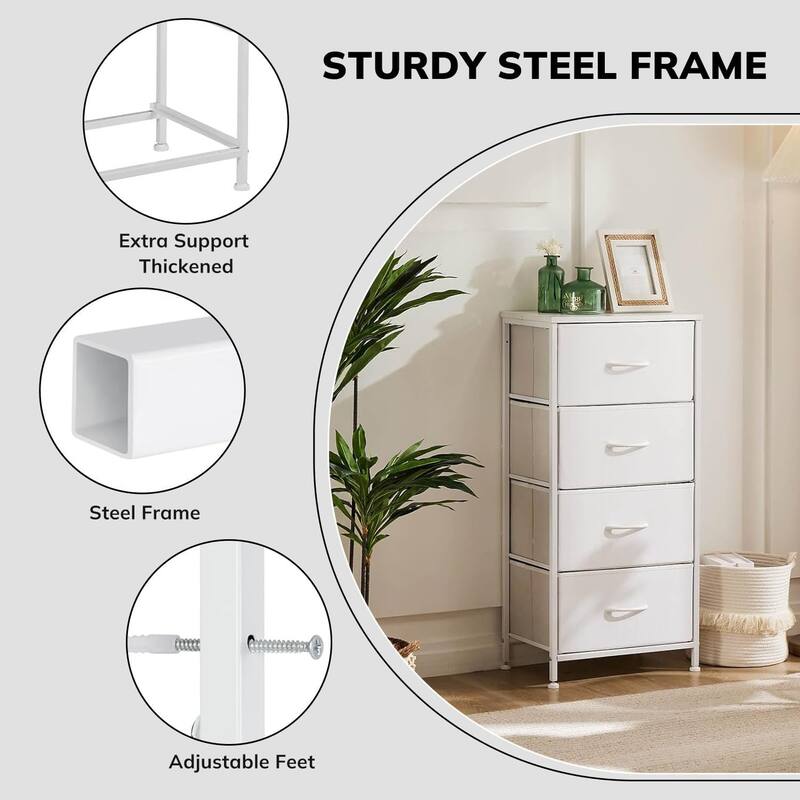 Dresser for Bedroom with 4 Drawers, Anti-Tip Tall Fabric Chests Storage Organizer Tower Furniture with Wooden Top Metal Frame