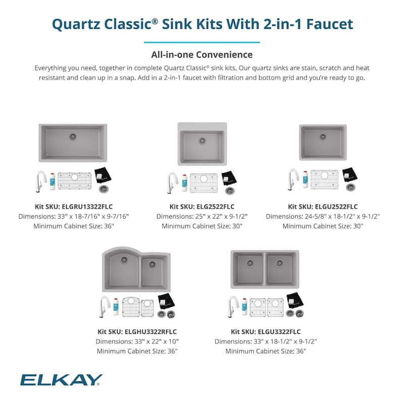 Elkay Quartz Classic 33" x 22" x 10", Offset 60/40 Double Bowl Undermount Sink Kit with Filtered Faucet with Aqua Divide, Black