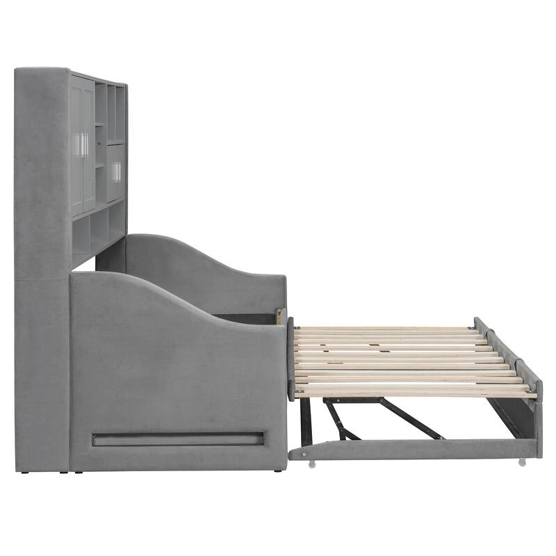 Twin Size Daybed with Storage Shelves, Upholstered Daybed with Lift-Up Trundle Bed Ergonomics Armrest Storage Cabinets LED Light