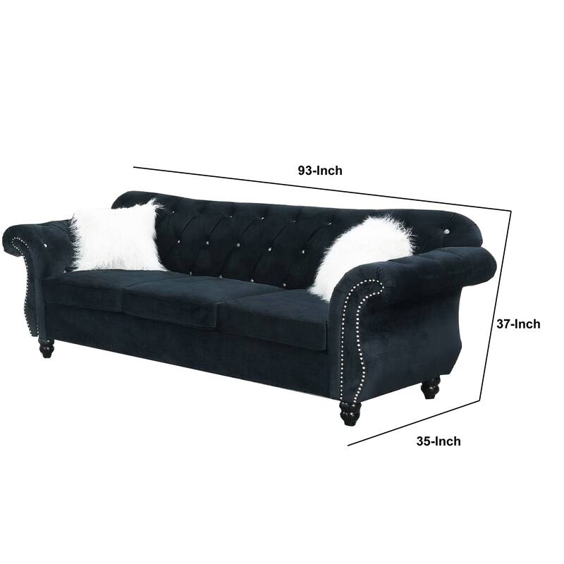93 Inches Nailhead Trim Velvet Sofa with Crystal Tufting, Black