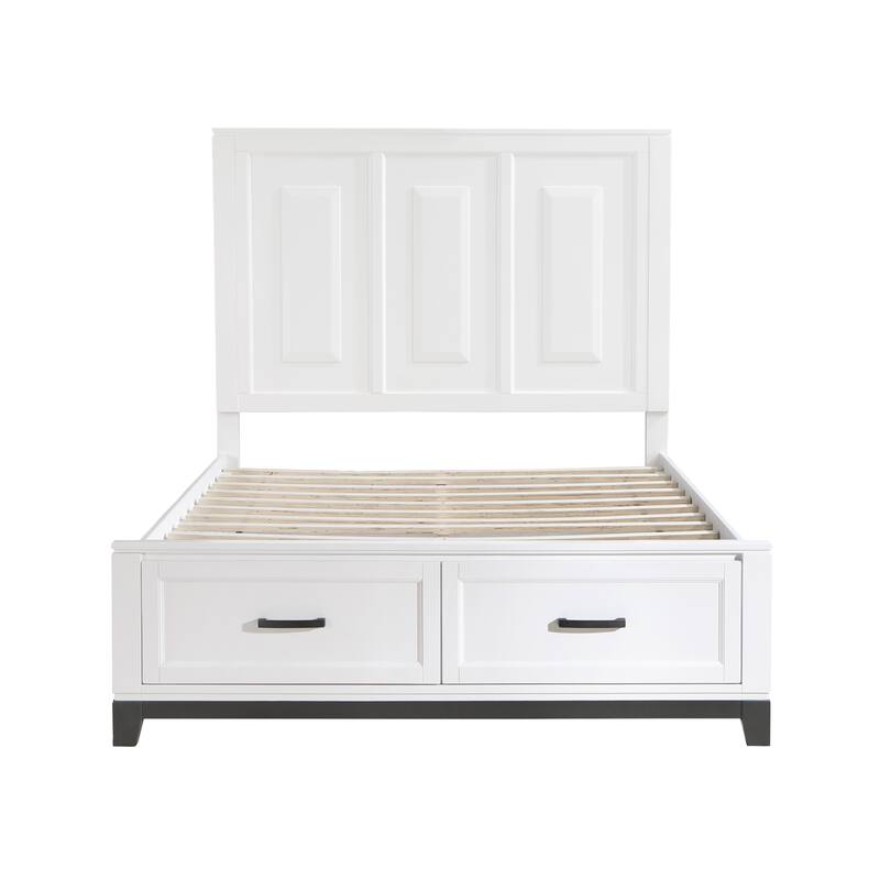 White Queen Platform Bed with Storage Drawers, Wooden Bedroom Furniture