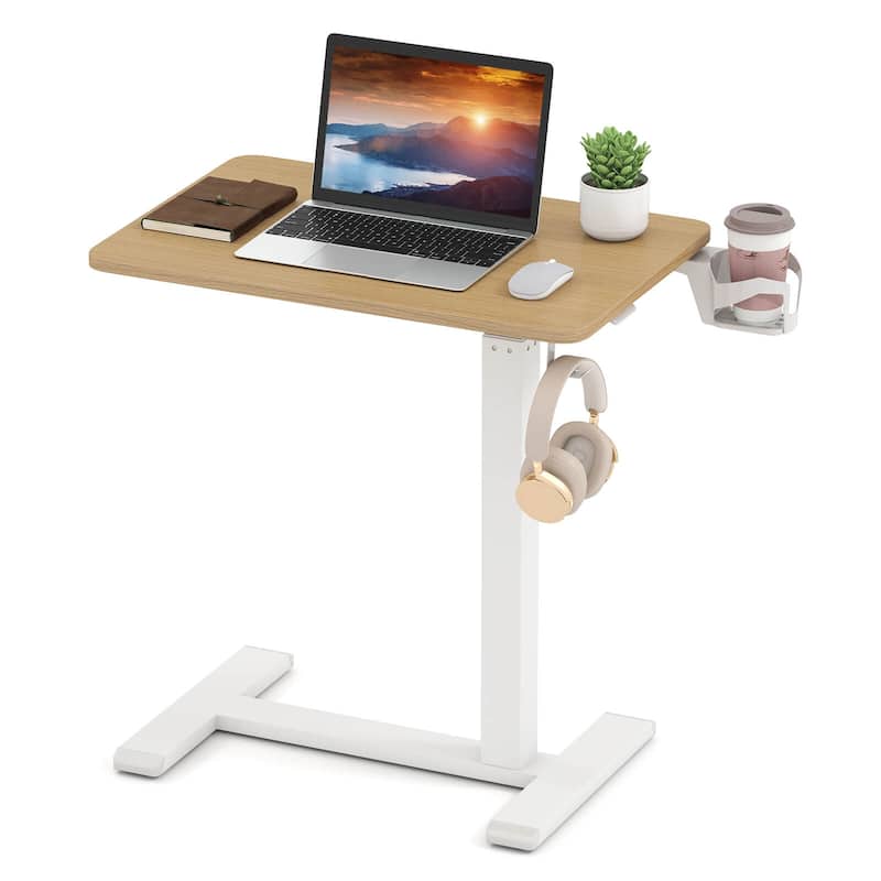 Costway C Shaped Side Table Height Adjustable Overbed Bedside Table - See Details - Natural