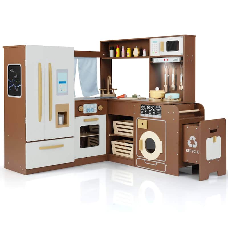Costway Corner Play Kitchen with Lights & Sounds Wooden Toy Kitchen - See Details - Brown