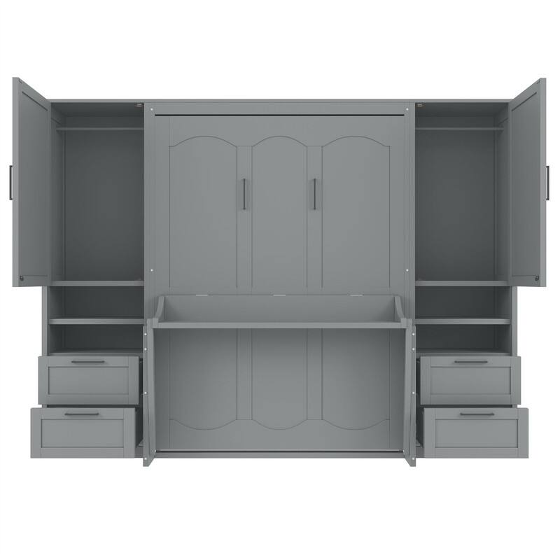 Full Size Murphy Bed Wall Bed with 2 Wardrobes and 4 Storage Drawers, Foldable Space Saving Murphy Cabinet Bed with Open Shelves