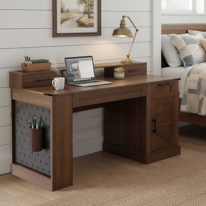 55" Farmhouse Office Desk with Storage, Charging Station, Barn Door & Keyboard Tray