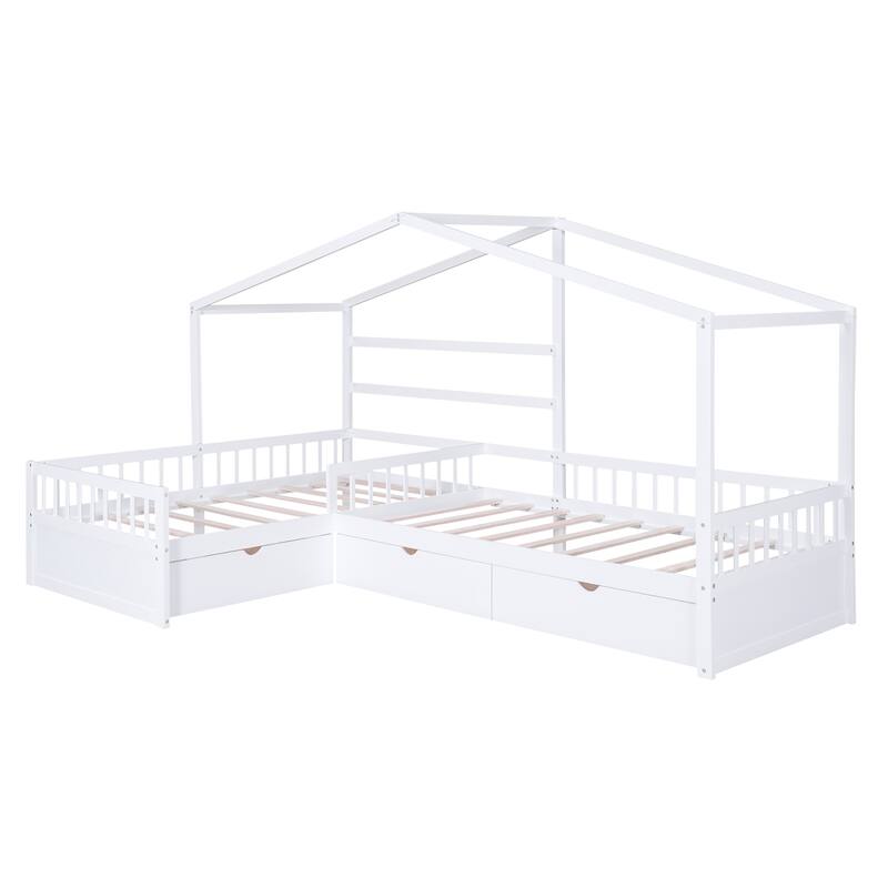 L-Shape Double Twin Size Pine Wood House Platform Bed with 3 Storage Drawers