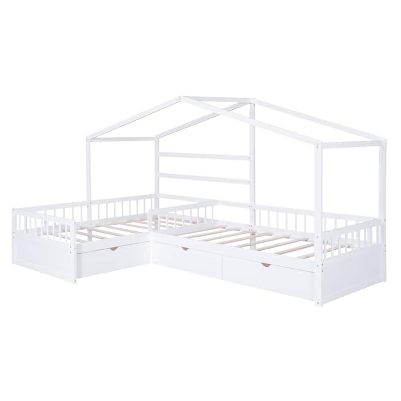 White Double Twin L-Shaped House Platform Bed with Drawers and Guardrail