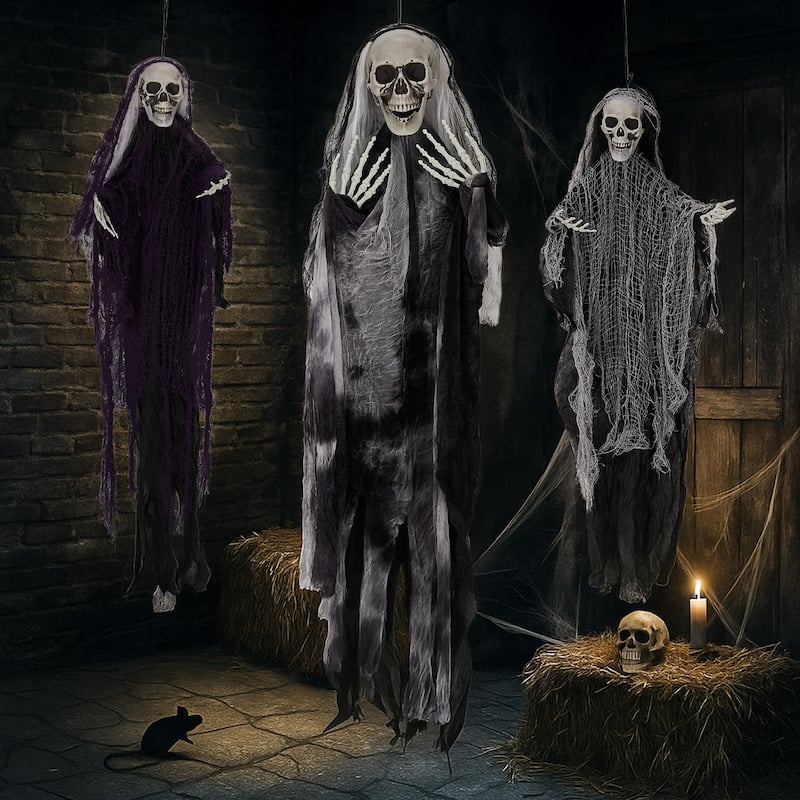 3-Pack Hanging Grim Reaper Decorations with Scary Skull Heads and Tattered Robes for Halloween