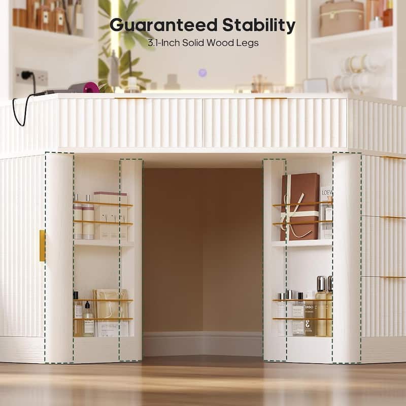 Corner Vanity Desk with Lighted Mirror Drawers Shelves Storage Stool