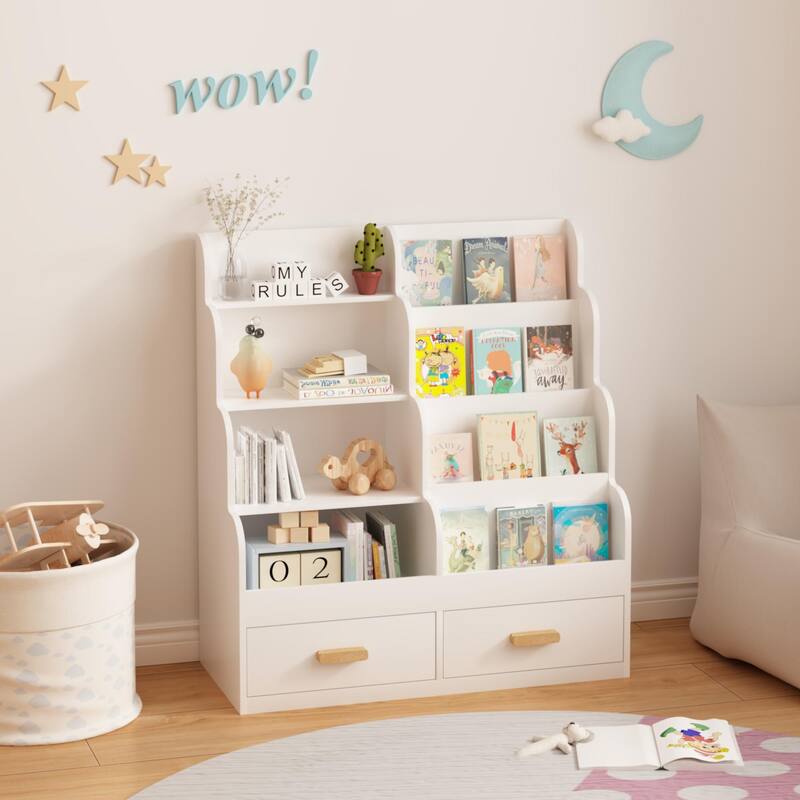 Kids Bookshelf with 2 Storage Drawers, Front-Facing Children's Bookcase and Toy Organizer, Multi-Tier Reading Shelf