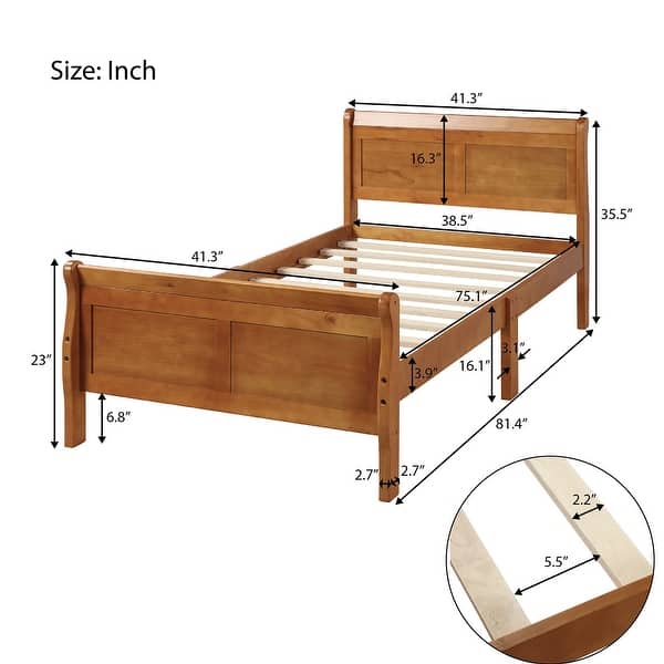 dimension image slide 2 of 3, Wood Platform Bed Frame, Twin Size Panel Bed with Sleigh Headboard Footboard and Slat Support, Easy to Assemble Slat Bed