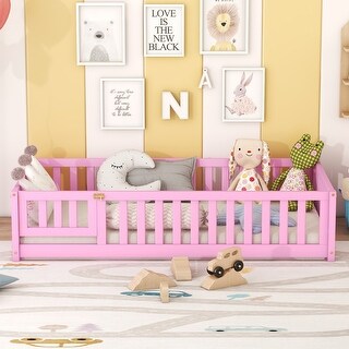 Twin/Full/Queen Size Floor Bed with Door, Wood Montessori Bed for Kids