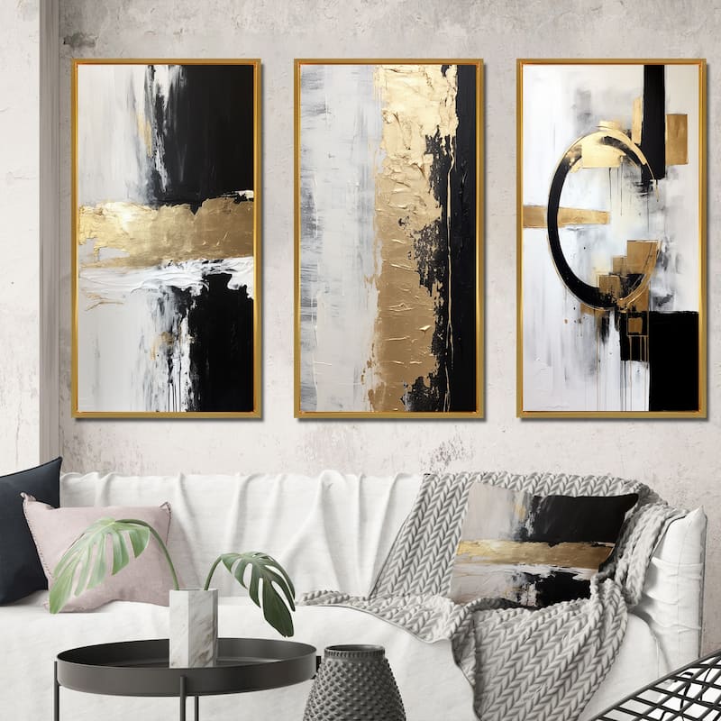 Designart "Horizontal Dimensions Abstract Gold Black" Abstract Painting Frame Gallery Set Of 3 For Office Decor - 50 in. wide x 32 in. high - 3 Panels - Gold