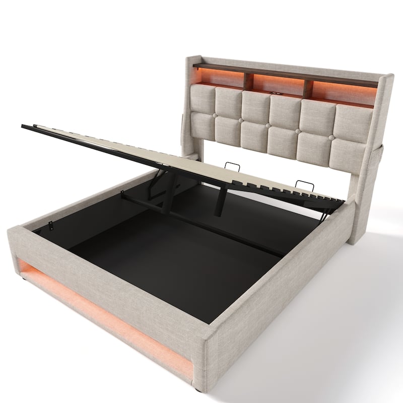 Full Size Upholstered Platform Bed with Hydraulic Storage System, LED and USB Charging
